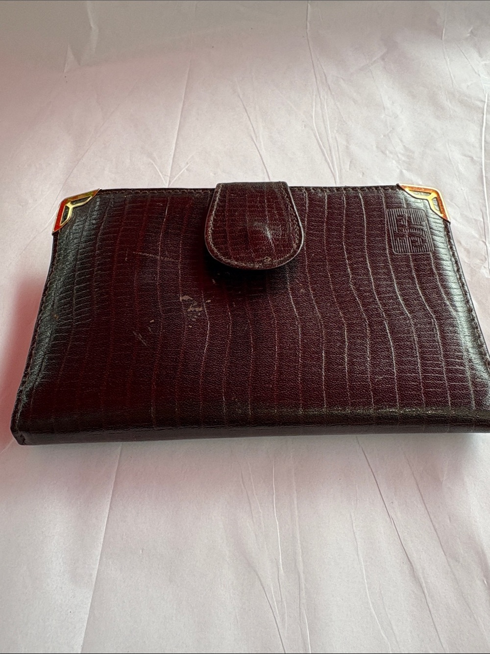 Leather Croc-Embossed Clutch Wallet with Gold Accents - Dark Brown made in Italy